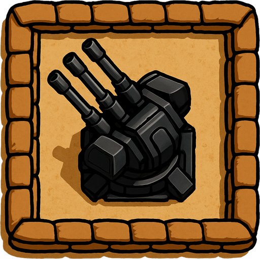 Top view of an Black defense Military tower large Anti air automatic triple barrel cannons, in the desert, the image has a square border outlined by military defense Brown sandbags.
In-Game asset.  2d.  High contrast.  No shadows