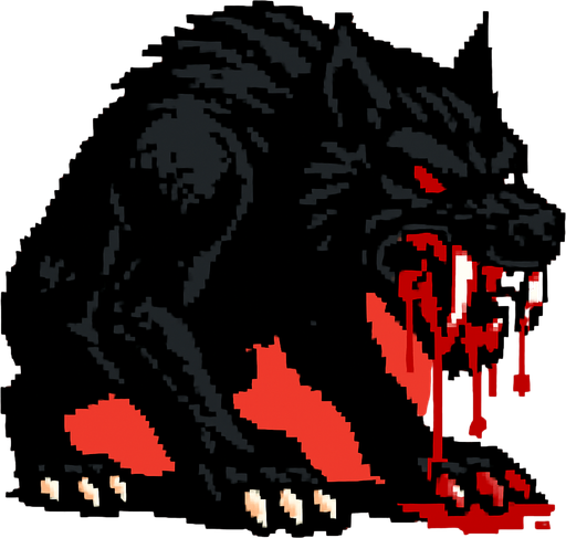 a large black beast with fangs sharpened with blood pixel art style.
In-Game asset.  High contrast.  No shadows