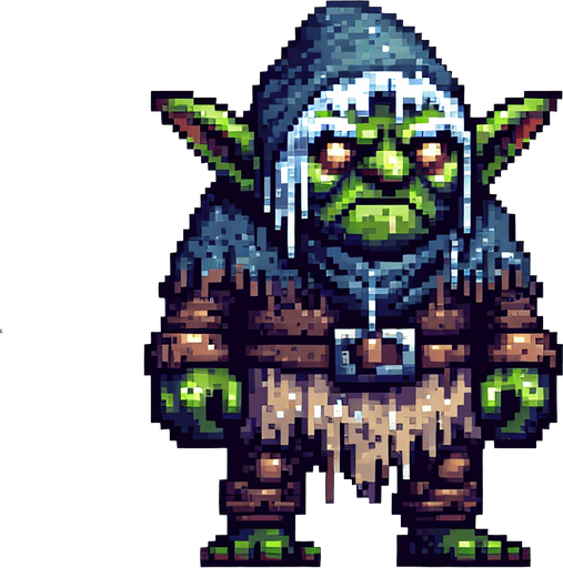 A winter goblin enemy character. Pixelart. front view. Single Game Texture. In-Game asset. 2d. Blank background. High contrast. No shadows.