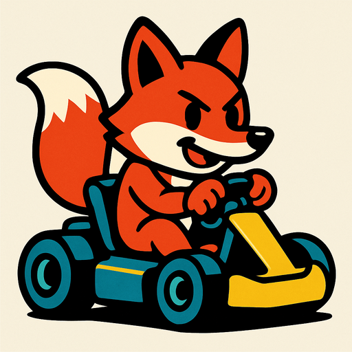 Un zorro rojo animatronico en un kart.
In-Game asset.  2d.  High contrast.  No shadows