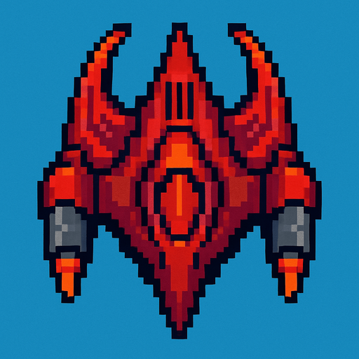 Enemy spaceship top down 2d pixilated and looking downwards.
In-Game asset.  2d.  High contrast.  No shadows