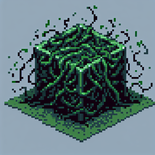 a dark green box surrounded by vines, pixel art
Single Game Texture. In-Game asset. 2d. Blank background. High contrast. No shadows.