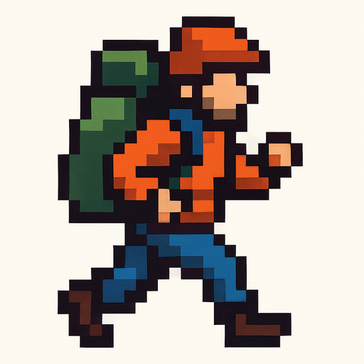 Personaje que sea un alpinista pixelado con una gran mochila que este en movimiento caminando 
In-Game asset.  2d.  High contrast.  No shadows