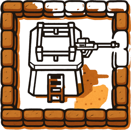 Top view of an Yellow defense Military tower Sniper, in the desert, the image has a square border outlined by military defense Brown sandbags.
In-Game asset.  2d.  High contrast.  No shadows