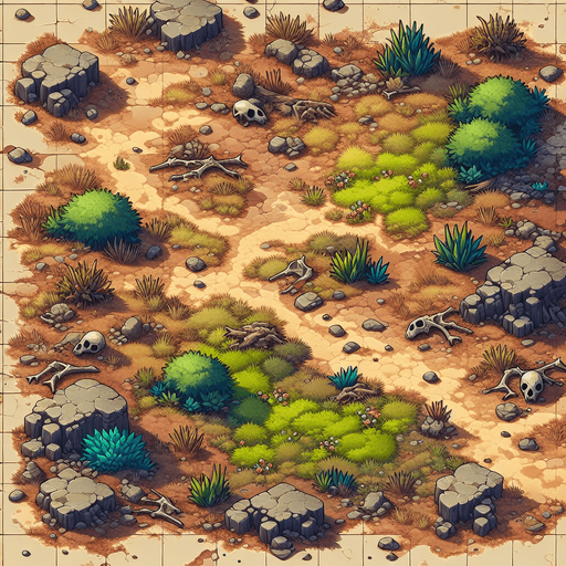 In a wasteland, there are some green plants and some animal bones around..
Single Game Texture. In-Game asset. 2d. Blank background. High contrast. No shadows.