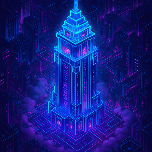 Massive futuristic neon hologram skyscraper top down isometric poking out of clouds from above elaborate cyberpunk architecture