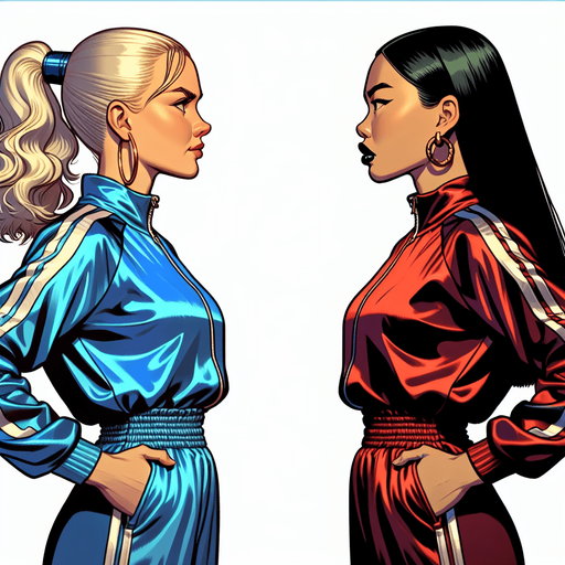 Breast to breasts. Друг против друга стоят. eye to eye. Beautiful blonde norwegian girl in satin track jacket tracksuit color blue vs beauty brunette asian girl in silk track jacket tracksuit color red. Руки за спиной грудь вперед. Смотрят боком стоят в профиль гордо подбородок вверх. Cartoon comics. Во весь рост. Гордые, красивые, злые, раздраженные, с призрением смотрят, скривили губы. Tracksuit track jacket shiny satin. Ноги в кроссовках, блондинка в белых кроссовках, брюнетка в черных кроссовках спорт. Драка бой удары борьба.
Single Game Texture. In-Game asset. 2d. Blank background. High contrast. No shadows.