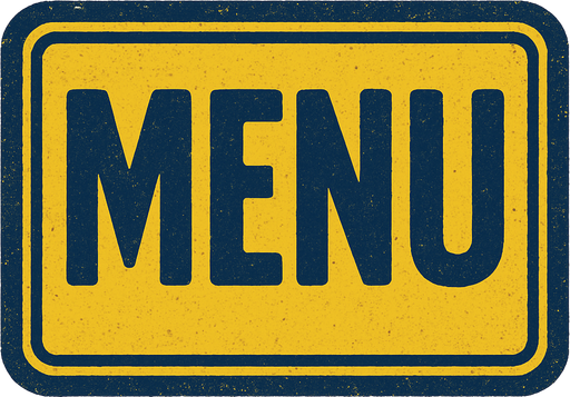 Menu yazan yatay bir resim oluştur . Arka Planı olmasın . Sarı Lacivert bir resim olsun.  retro temada olsun.
In-Game asset.  2d.  High contrast.  No shadows