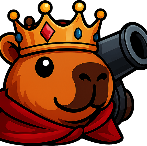 Quitale la resortera y el casco. Añadele una corona de rey con gemas. Añade tambein una capa roja. Agrega en la parte de atras un cañon. Dame la imagen sin fondo.