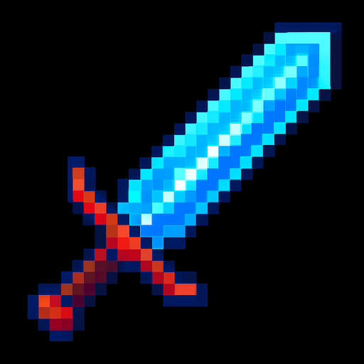 Diseña una espada estilo pixel art, sencilla pero llamativa. Debe ser fácil de animar o colocar junto a un personaje. El mango debe ser corto y simple, y la hoja puede ser recta o con un brillo digital. Usa colores llamativos como azul neón, rojo fuego o plateado con detalles pixelados. El diseño debe parecer futurista o mágico, como si fuera un arma especial de un guerrero digital..
In-Game asset.  2d.  High contrast.  No shadows