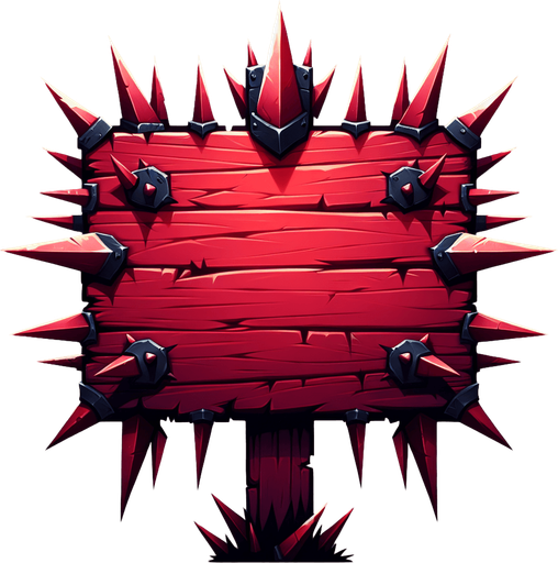 A dangerous bright red wooden message board with long spikes on all sides. Views straight from the front as an interface element..
Single Game Texture. In-Game asset. 2d. Blank background. High contrast. No shadows.