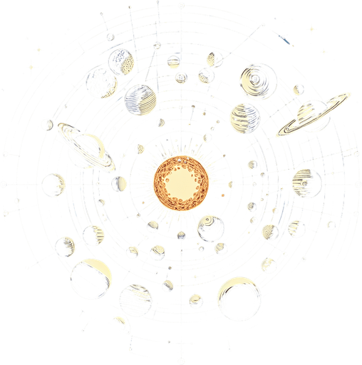 Le système solaire..
Single Game Texture. In-Game asset. 2d. Blank background. High contrast. No shadows.