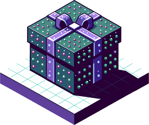 A big purple and green dotted christmas gift, isometric view Single Game Texture. In-Game asset. 2d. Blank background. High contrast. No shadows.