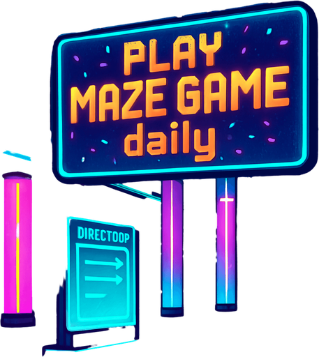 “Render a futuristic plaza interior with holographic directories, neon columns, and reflective glass panels. A massive overhead display reads ‘Play Maze Game daily’ in bold animated text. Include drifting digital confetti effects, subtle rain droplets on glass, and ambient neon glow—no characters or coins.”.
In-Game asset.  2d.  High contrast.  No shadows