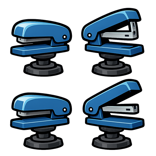 Stapler Turret Sprite Sheet: An office stapler mounted on a simple rotating base images show it opening and closing..
In-Game asset.  2d.  High contrast.  No shadows