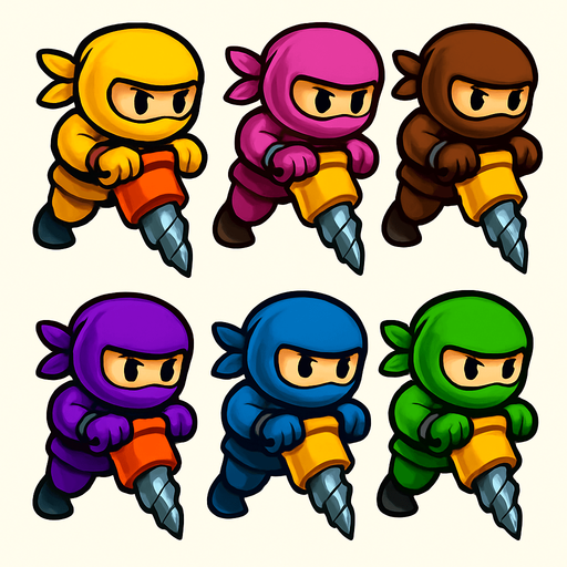 Pack of ninja characters with dig machine of sharpe rotated head of hands not trucks. different colors,yellow,pink,brown,purple,blue,green,red, HD colors
