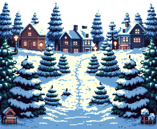 gif pixel art for game background, snow on the ground, houses in the far background and moonligh, trees on the left and right, cozy Christmas atmosphere Single Game Texture. In-Game asset. 2d. Blank background. High contrast. No shadows.