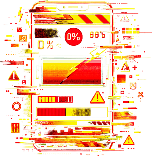 A background for a game over screen, depicting a mobile phone UI with a depleted battery at 0%. The screen features bold red and yellow colors, creating a sense of urgency and tension. A large, flashing battery icon with a red '0%' and a warning triangle is prominently displayed. The UI includes glitch effects, cracks, or distortion to suggest the phone has been overcharged and malfunctioned. The background is filled with subtle warning messages and symbols in red and yellow tones, enhancing the dramatic and high-stakes atmosphere.
Single Game Texture. In-Game asset. 2d. Blank background. High contrast. No shadows.
