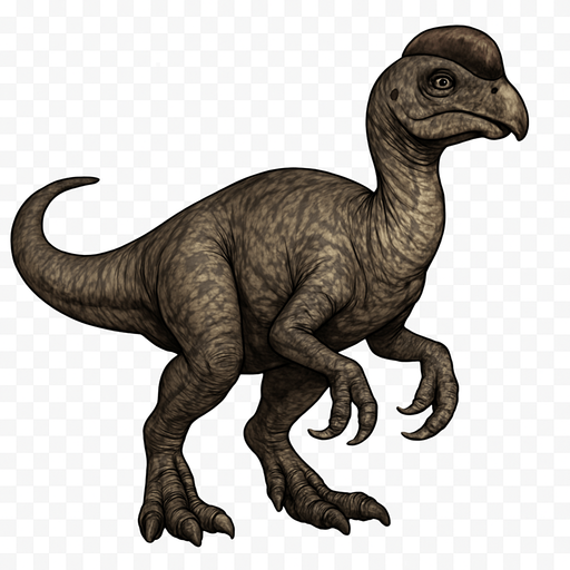 A realistic Oviraptor dinosaur depicted in a neutral pose on a transparent background. It has smooth, mottled gray and brown scaly skin with visible wrinkles and texture. The head is short and rounded with a prominent crest above its eyes and a strong, curved beak. Its limbs are muscular with sharp claws. The tail is medium length and slightly curved. The skin texture shows detailed scales and natural imperfections, emphasizing a lifelike, agile predator..
In-Game asset.  2d.  High contrast.  No shadows