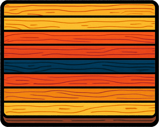 A long rectangular wooden cutting board counter with different colored laminated wooden strips. Top down view. 80s arcade machine graphics..
In-Game asset.  2d.  High contrast.  No shadows