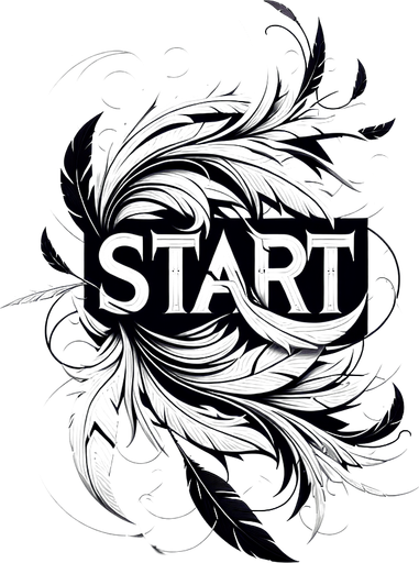 A white SVG with big bold letters, that says “Start”. A couple black feathers flying off the edge of the word. Single Game Texture.  In-Game asset.  2d.  Blank background.  High contrast.  No shadows