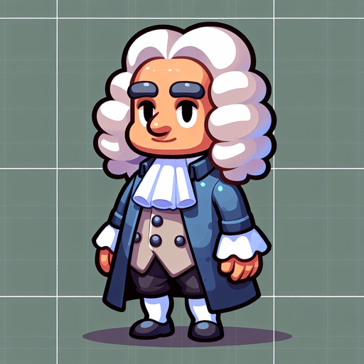 Newton in a white wig, full-length, cartoon style.
Single Game Texture. In-Game asset. 2d. Blank background. High contrast. No shadows.