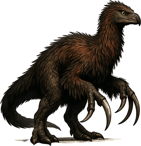 A realistic Therizinosaurus dinosaur covered in long, shaggy feathers with colors blending dark brown, black, and hints of rusty red. The feathers are especially thick on the neck, back, and arms, giving it a bird-like, primal appearance. Its long, powerful arms end in enormous, curved claws that are glossy and sharp. The small head has a beaked mouth and alert yellow eyes. The legs and tail show patches of scaly skin beneath the feather covering. The stance is slightly hunched, emphasizing its unusual shape and intimidating size..
In-Game asset.  2d.  High contrast.  No shadows