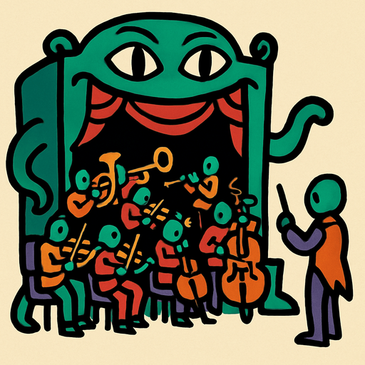 Orquesta de una Sala de Conciertos Viviente.
In-Game asset.  2d.  High contrast.  No shadows