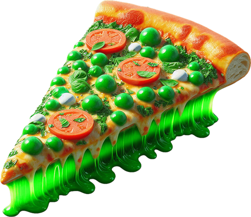 a slice of pizza on a transparent background, predominantly green. Slice of pizza.
Single Game Texture. In-Game asset. 2d. Blank background. High contrast. No shadows.