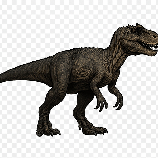 A medium-large Allosaurus dinosaur depicted in a neutral standing pose on a transparent background. Its muscular body is covered with dark gray and earthy brown scaly skin, with subtle scars and wrinkles. The head is narrow and elongated, featuring sharp teeth visible in a slightly open mouth and prominent ridges above the eyes. Its strong legs end with sharp claws, and the long tail extends straight for balance. The skin texture is rough and detailed, giving a lifelike, ancient predator look..
In-Game asset.  2d.  High contrast.  No shadows