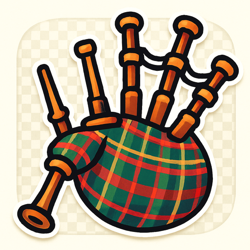 A fun, cartoony illustration of Scottish bagpipes with a tartan pattern. Rounded edges, high-contrast details, and transparent rounded background. Designed as an icon for a world music game..
In-Game asset.  2d.  High contrast.  No shadows