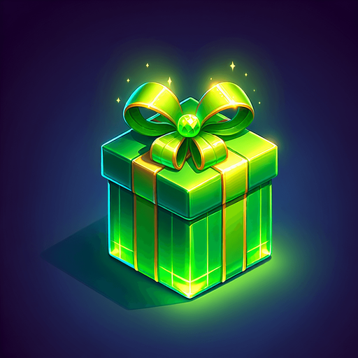 Christmas gift beautifully wrapped in green glowing wrapping paper Single Game Texture. In-Game asset. 2d. Blank background. High contrast. No shadows.