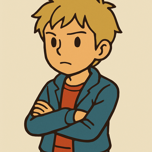 15 yo boy with short scruffy blonde hair professor Layton game style.
In-Game asset.  2d.  High contrast.  No shadows