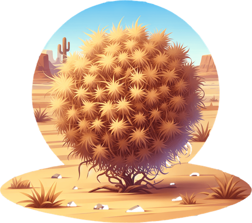 Create a desert tumble weed. The goal is to capture a lively and playful location..
Single Game Texture. In-Game asset. 2d. Blank background. High contrast. No shadows.