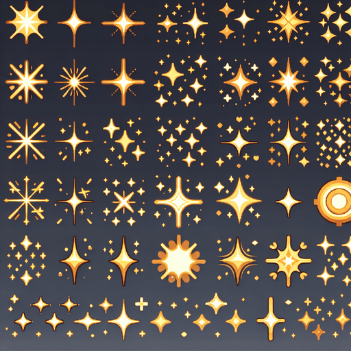 A sprite sheet of different golden sparkles..
Single Game Texture. In-Game asset. 2d. Blank background. High contrast. No shadows.