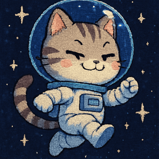 A cute kitten, illustrated in an adorable chibi anime style and wearing an astronaut suit, is leaping through outer space with a smug, confident smile on its face. Its pose is full of playful energy