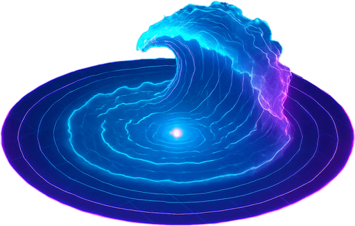 Overhead digital simulation hologram of oceanic meteor impact tsunami wave shockwave radius circle outward crashing neon cyberpunk 3d diagram translucent wave crash hologram neon effect crash