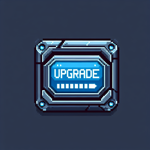 Pixelart. A blue metallic rectangular interface button from a spaceship with the lettering 'UPGRADE' on it..
Single Game Texture. In-Game asset. 2d. Blank background. High contrast. No shadows.