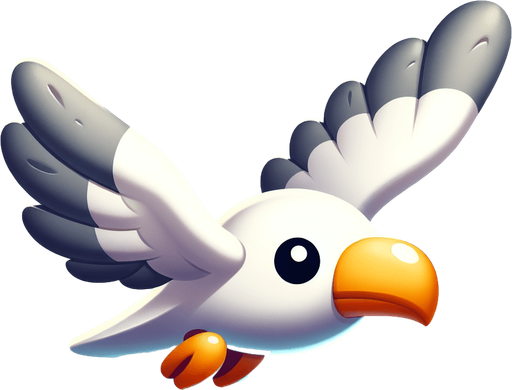 A cartoon-style seagull in mid-flight, white feathers with a light gray beak and wings slightly spread out. Expressions should be fun and mischievous.".
Single Game Texture.  In-Game asset.  2d.  Blank background.  High contrast.  No shadows