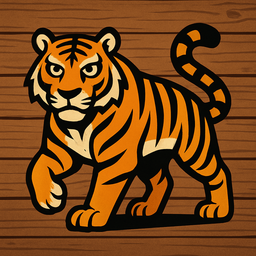 A tiger image, with wooden background.
In-Game asset.  2d.  High contrast.  No shadows