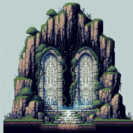 Create an 8-bit pixelated entrance to a mystical cave-like dungeon with two distinct, rugged doorways carved into a mountainside. The scene should have an ancient, mysterious atmosphere, with overgrown vines and faintly glowing symbols etched into the stone..
Single Game Texture. In-Game asset. 2d. Blank background. High contrast. No shadows.