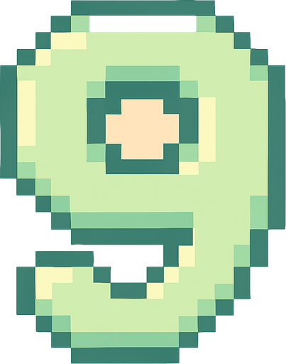 A pixel art number "9" designed for a cozy, cute retro 2D game UI with a bird theme. The number is rendered in soft pastel light green tones to harmonize with the gentle and sweet aesthetic of the game. It has a clean, simple, and rounded pixel style with no harsh edges, fitting perfectly within the pixel art UI style. The number is bold and easily readable at small sizes..
In-Game asset.  2d.  High contrast.  No shadows. pixel art. retro. 2d ui. number. pastel light green. simple. rounded edges. bold. cute. minimal