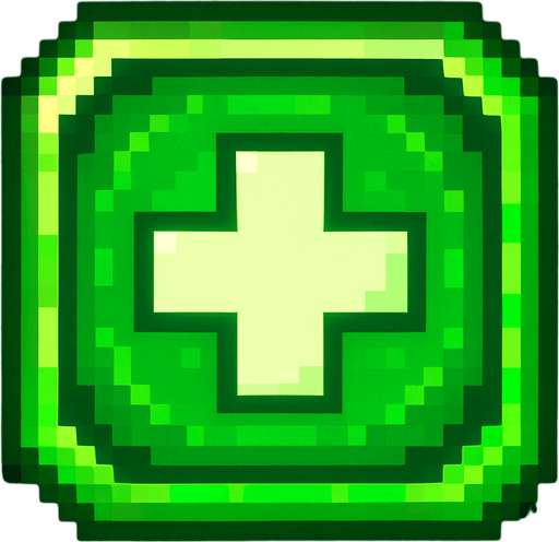 Pixel art of a green power-up icon with a heart or medical cross symbol inside. Represents healing in a 2D pixel arcade game. Glowing green, square icon.
In-Game asset.  2d.  High contrast.  No shadows