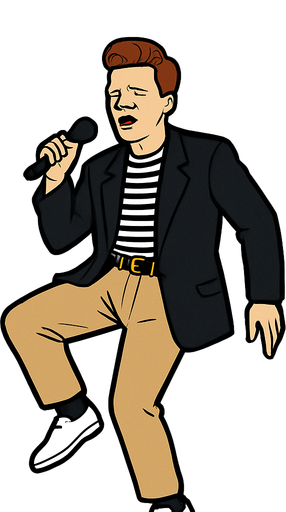 Realistic MEME of Rick Astley dancing with mic.
In-Game asset.  2d.  High contrast.  No shadows