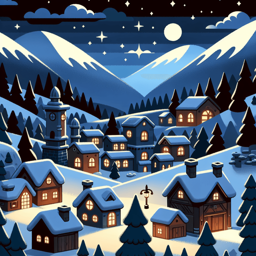 Christmas night, a village in the bottom, cartoon Single Game Texture. In-Game asset. 2d. Blank background. High contrast. No shadows.