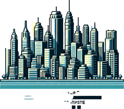 An 8-bit city skyline with towers.
Single Game Texture. In-Game asset. 2d. Blank background. High contrast. No shadows.