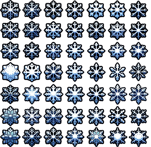 A sprite sheet of different snow flakes. Cartoon.
Single Game Texture. In-Game asset. 2d. Blank background. High contrast. No shadows.