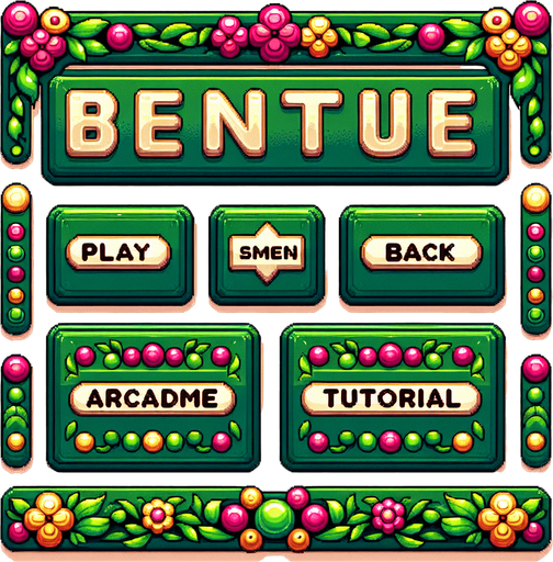 A sprite sheet with menu buttons for a game. Rectangular buttons say “Play” “Seasons” “Arcade” “Back” and “Tutorial”. Font should be stylized and include flowers on the edges. Vivid cartoon graphics. Color scheme should be greens with, pink and yellow. 
Single Game Texture. In-Game asset. 2d. Blank background. High contrast. No shadows.