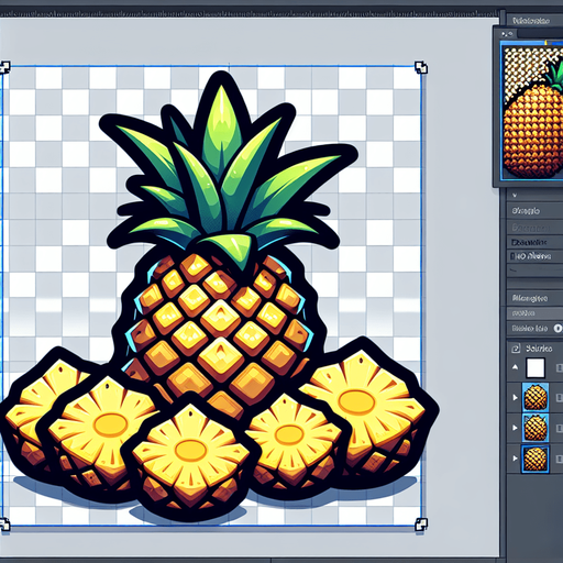 A pineapple with a few slices of pineapple in front.
Single Game Texture. In-Game asset. 2d. Blank background. High contrast. No shadows.