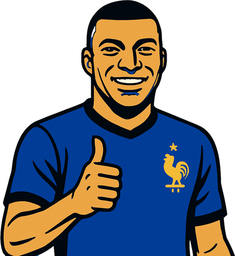 Kylian Mbappé wıth france futboll tshirt makıng thumbsup.
In-Game asset.  2d.  High contrast.  No shadows